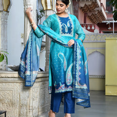 (Vaasva) Women Mul Chanderi Royal Blue paisley printed suit set (Set of 5pc)