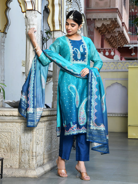 (Vaasva) Women Mul Chanderi Royal Blue paisley printed suit set (Set of 5pc)