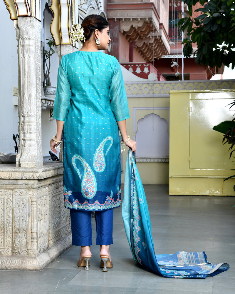 (Vaasva) Women Mul Chanderi Royal Blue paisley printed suit set (Set of 5pc)