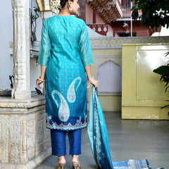 (Vaasva) Women Mul Chanderi Royal Blue paisley printed suit set (Set of 5pc)