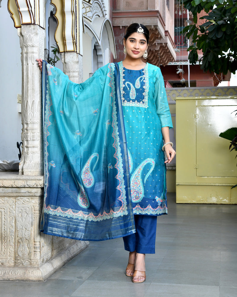 (Vaasva) Women Mul Chanderi Royal Blue paisley printed suit set (Set of 5pc)