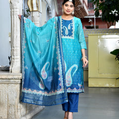 (Vaasva) Women Mul Chanderi Royal Blue paisley printed suit set (Set of 5pc)