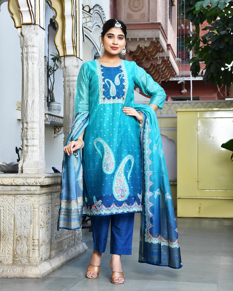 (Vaasva) Women Mul Chanderi Royal Blue paisley printed suit set (Set of 5pc)