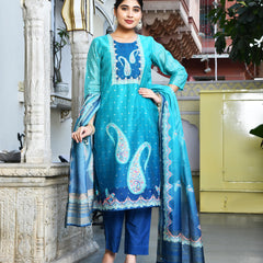 (Vaasva) Women Mul Chanderi Royal Blue paisley printed suit set (Set of 5pc)