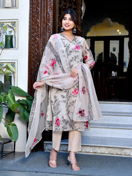(Vaasva) Women organza beige embroidered suit set (Set of 5pc)