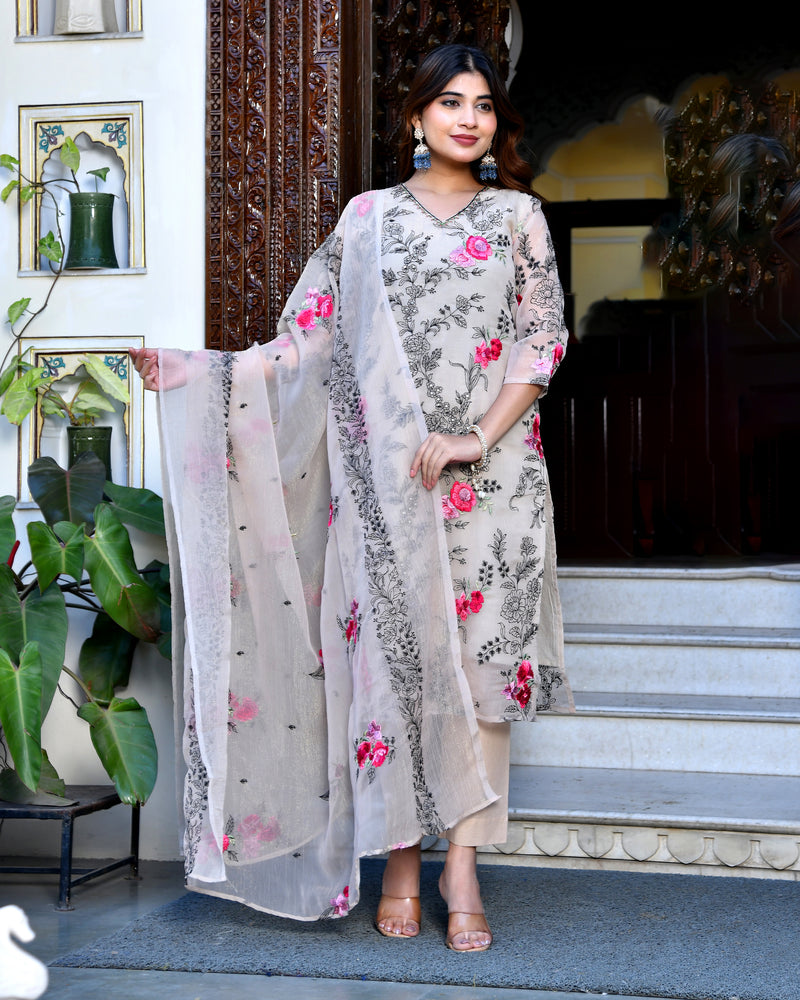 (Vaasva) Women organza beige embroidered suit set (Set of 5pc)