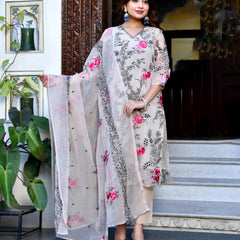 (Vaasva) Women organza beige embroidered suit set (Set of 5pc)