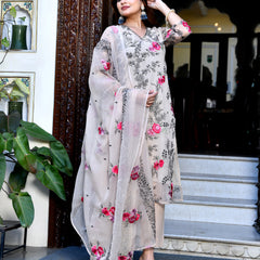 (Vaasva) Women organza beige embroidered suit set (Set of 5pc)