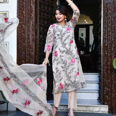 (Vaasva) Women organza beige embroidered suit set (Set of 5pc)
