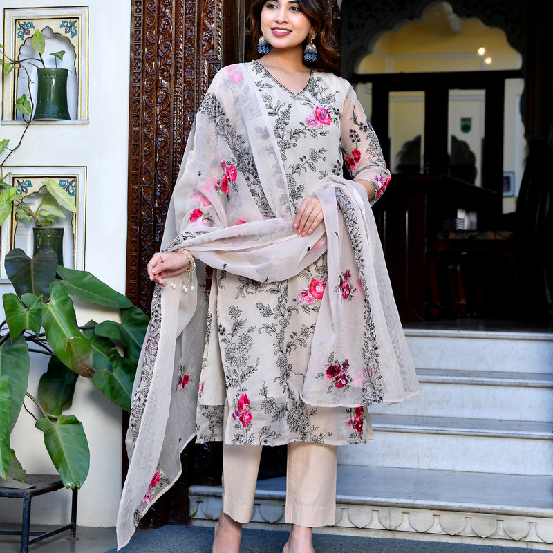 (Vaasva) Women organza beige embroidered suit set (Set of 5pc)