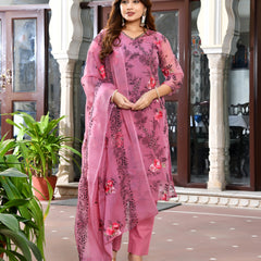 (Vaasva) Women organza pink embroidered suit set (Set of 5pc)