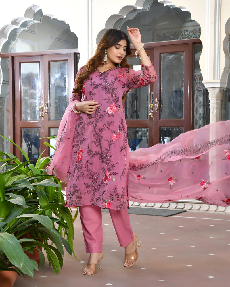 (Vaasva) Women organza pink embroidered suit set (Set of 5pc)