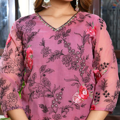 (Vaasva) Women organza pink embroidered suit set (Set of 5pc)
