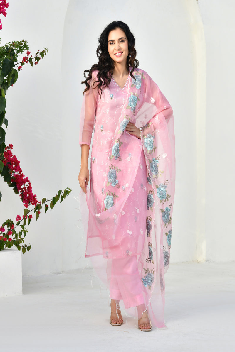 (Vaasva) Women solid embroidered pink suit set (Set of 5pc)