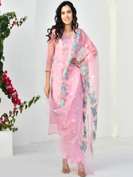 (Vaasva) Women solid embroidered pink suit set (Set of 5pc)