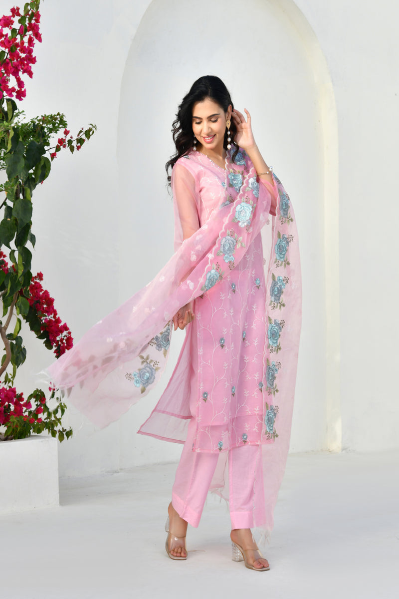 (Vaasva) Women solid embroidered pink suit set (Set of 5pc)