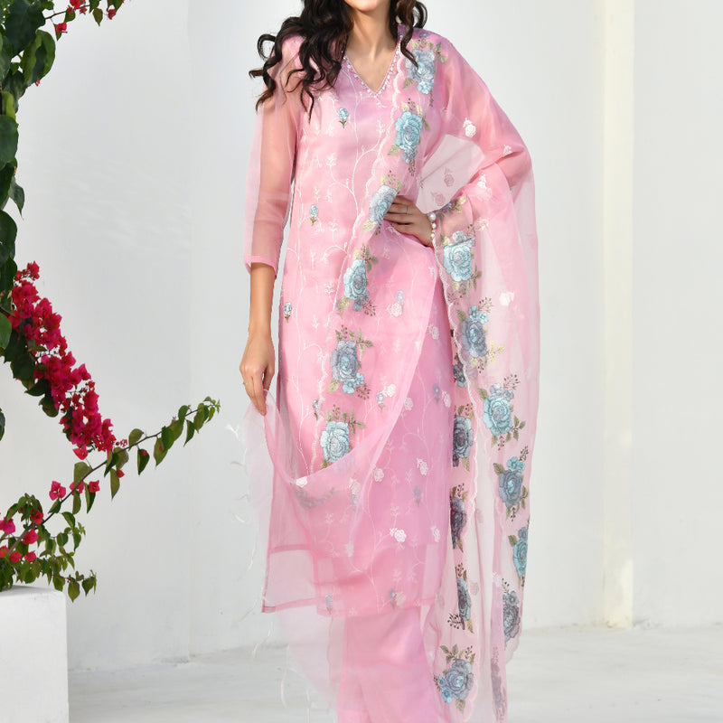 (Vaasva) Women solid embroidered pink suit set (Set of 5pc)