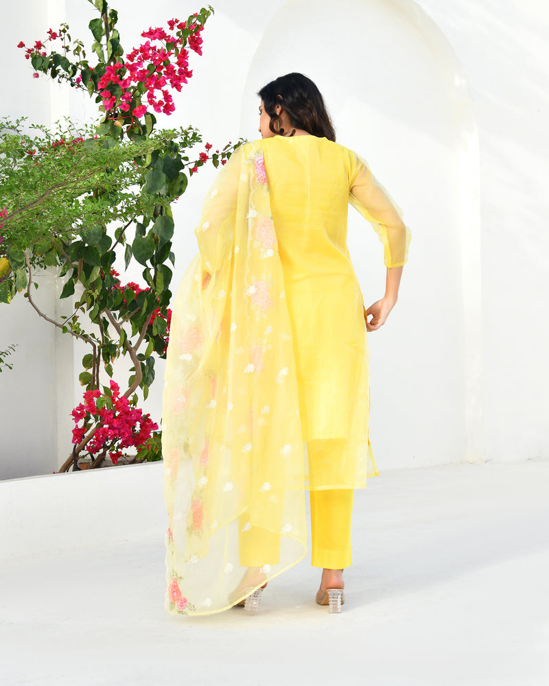 (Vaasva) Women solid embroidered yellow suit set (Set of 5pc)