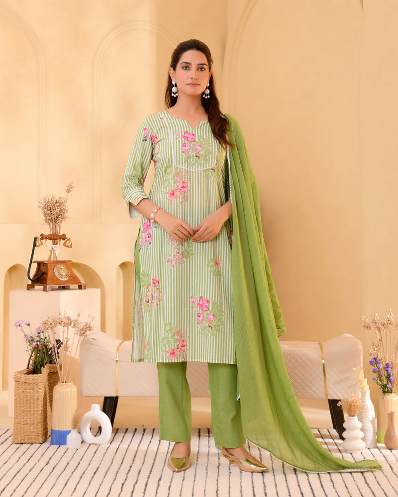 (Vaasva) Women green striped floral printed suit set (Set of 5pc)