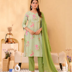 (Vaasva) Women green striped floral printed suit set (Set of 5pc)
