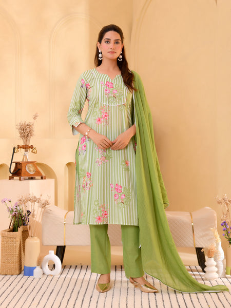 (Vaasva) Women green striped floral printed suit set (Set of 5pc)