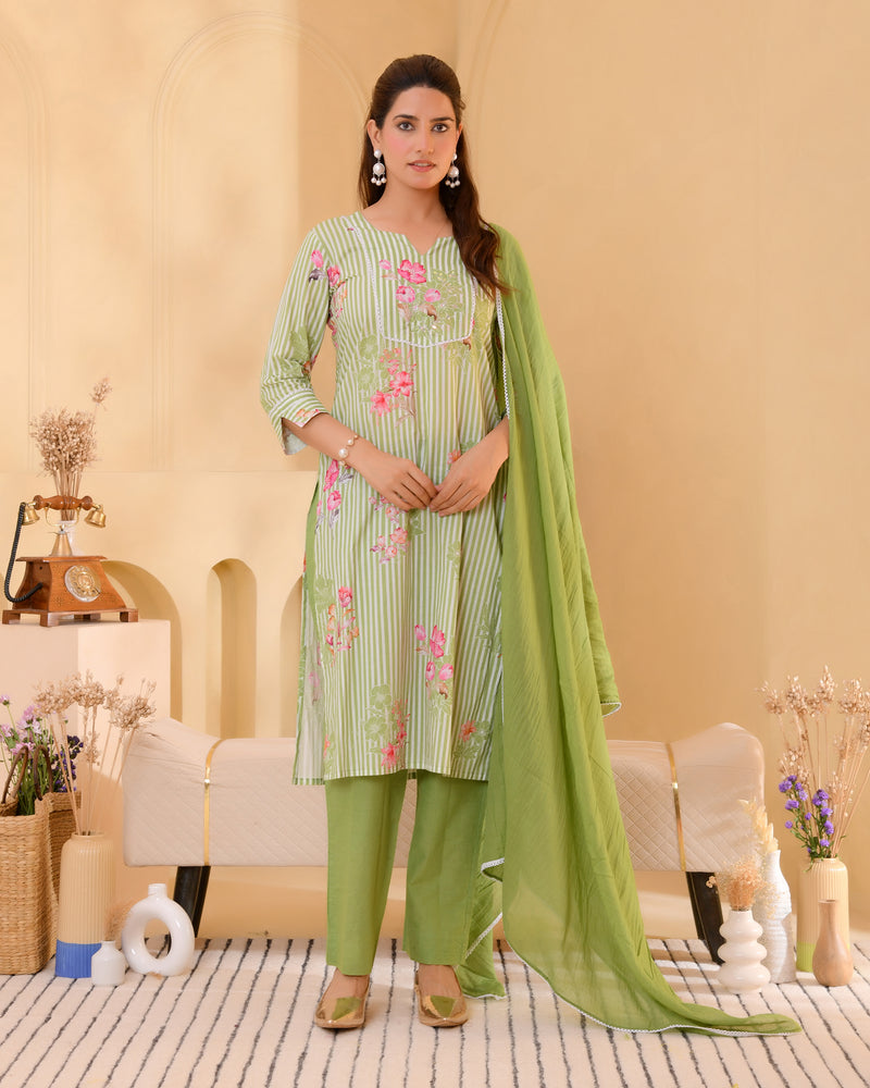 (Vaasva) Women green striped floral printed suit set (Set of 5pc)