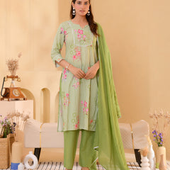 (Vaasva) Women green striped floral printed suit set (Set of 5pc)