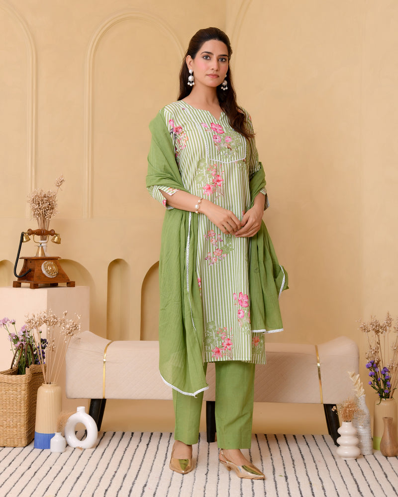 (Vaasva) Women green striped floral printed suit set (Set of 5pc)