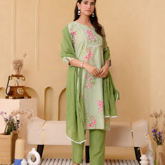 (Vaasva) Women green striped floral printed suit set (Set of 5pc)