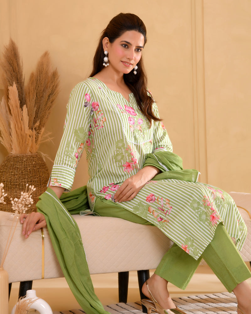 (Vaasva) Women green striped floral printed suit set (Set of 5pc)