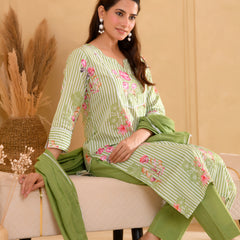 (Vaasva) Women green striped floral printed suit set (Set of 5pc)