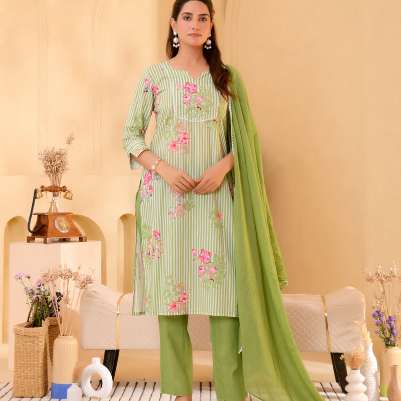 (Vaasva) Women green striped floral printed suit set (Set of 5pc)
