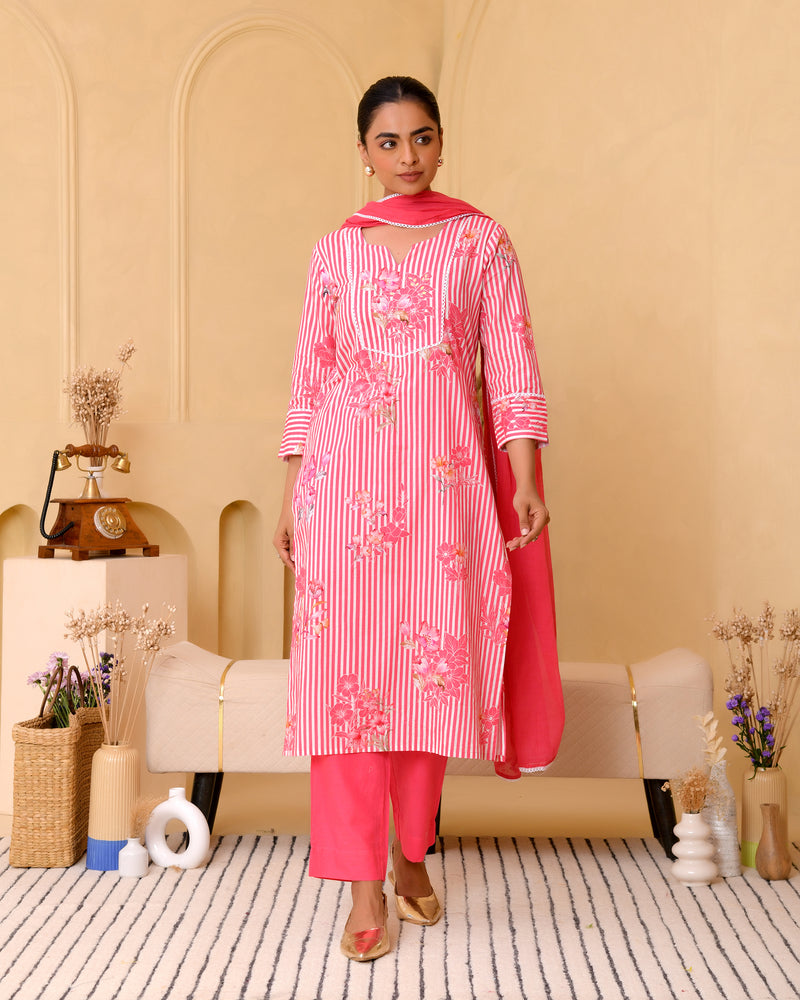 (Vaasva) Women pink striped floral printed suit set (Set of 5pc)