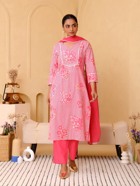 (Vaasva) Women pink striped floral printed suit set (Set of 5pc)
