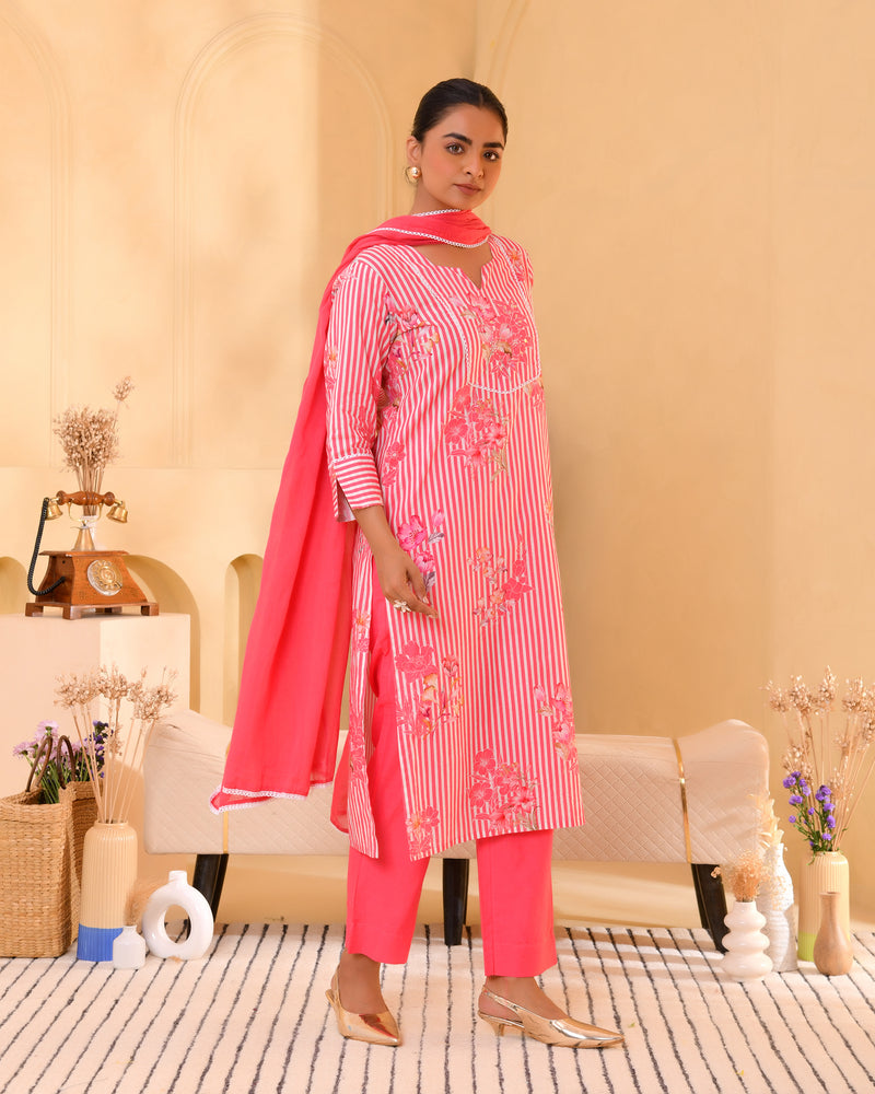 (Vaasva) Women pink striped floral printed suit set (Set of 5pc)
