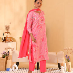 (Vaasva) Women pink striped floral printed suit set (Set of 5pc)