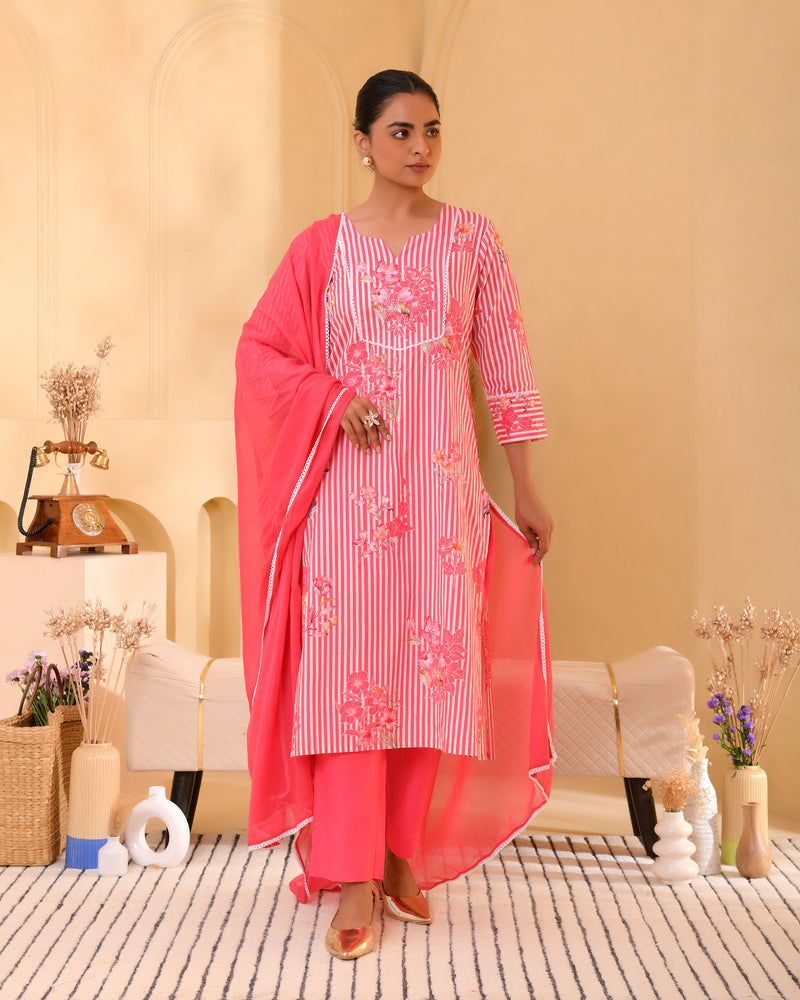 (Vaasva) Women pink striped floral printed suit set (Set of 5pc)