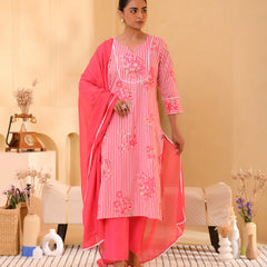 (Vaasva) Women pink striped floral printed suit set (Set of 5pc)