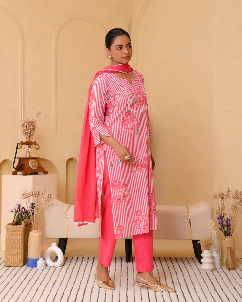 (Vaasva) Women pink striped floral printed suit set (Set of 5pc)