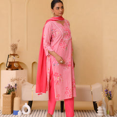 (Vaasva) Women pink striped floral printed suit set (Set of 5pc)