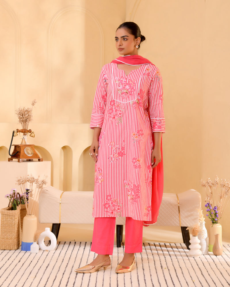(Vaasva) Women pink striped floral printed suit set (Set of 5pc)