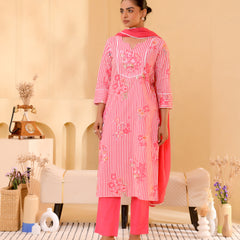 (Vaasva) Women pink striped floral printed suit set (Set of 5pc)
