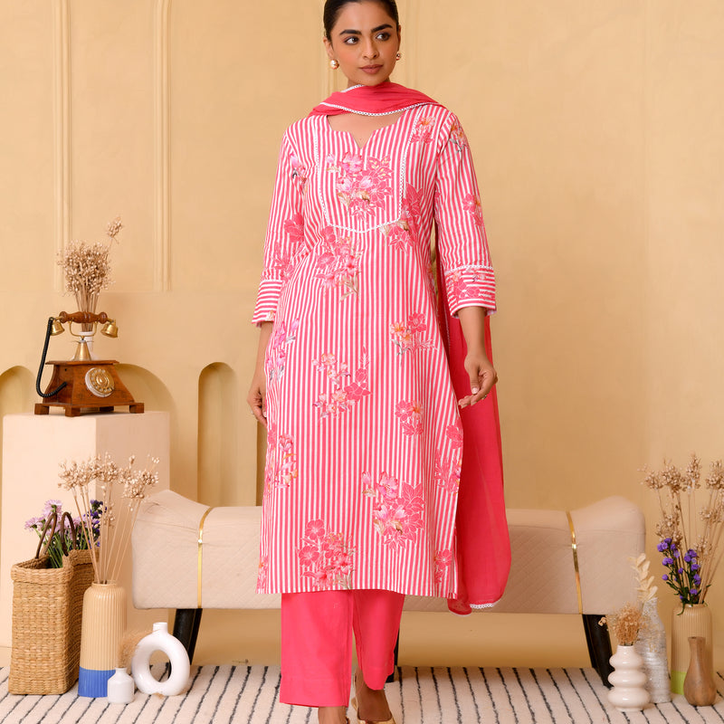 (Vaasva) Women pink striped floral printed suit set (Set of 5pc)