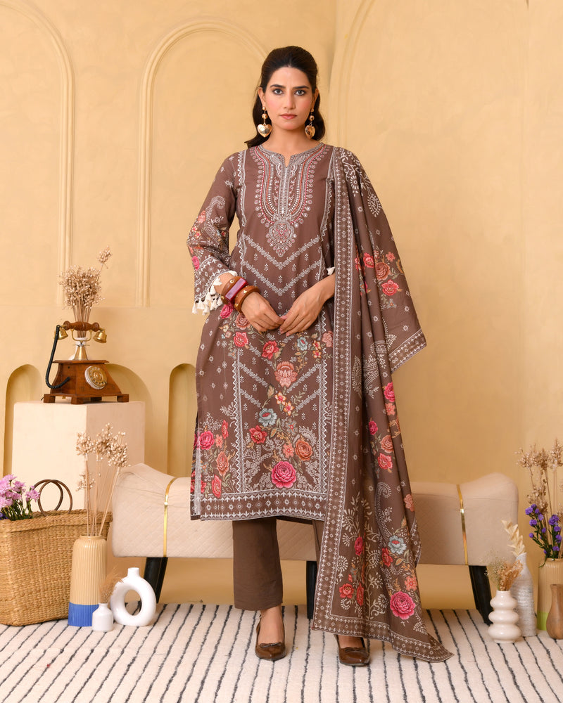 (Vaasva) Women brown hand embroidered placement printed suit set (Set of 5pc)