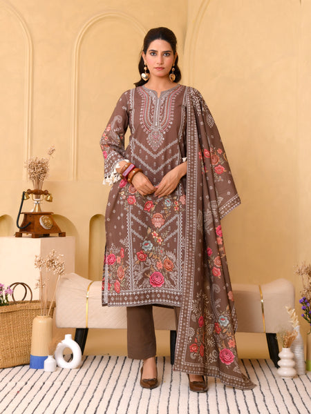 (Vaasva) Women brown hand embroidered placement printed suit set (Set of 5pc)