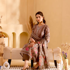 (Vaasva) Women brown hand embroidered placement printed suit set (Set of 5pc)