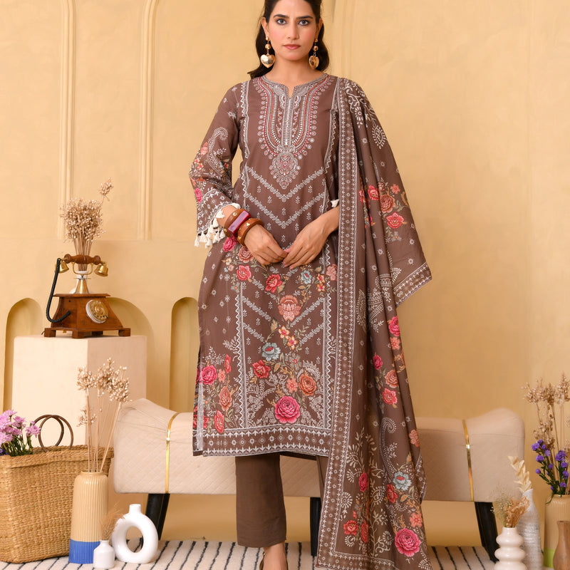 (Vaasva) Women brown hand embroidered placement printed suit set (Set of 5pc)