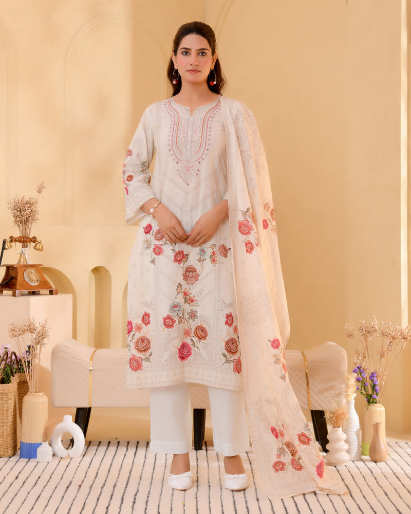 (Vaasva) Women cream hand embroidered placement printed suit set (Set of 5pc)