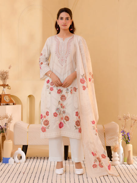(Vaasva) Women cream hand embroidered placement printed suit set (Set of 5pc)