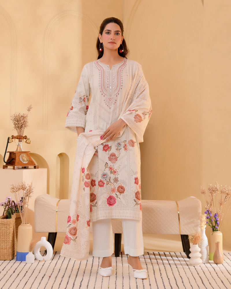 (Vaasva) Women cream hand embroidered placement printed suit set (Set of 5pc)